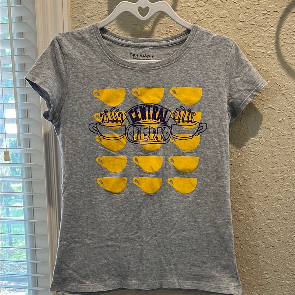 FRIENDS Gray & Yellow Coffee Cup Graphic Short Sleeve Tee Purple Shimmer Logo